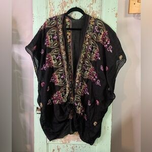 Women’s black sheer kimono with multi colored paisley embroidery